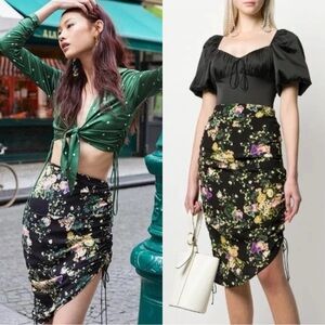 FOR LOVE & LEMONS Molly Drawstring Floral Ruched Black Skirt